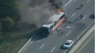 A bus exploded in the middle of a highway in the USA