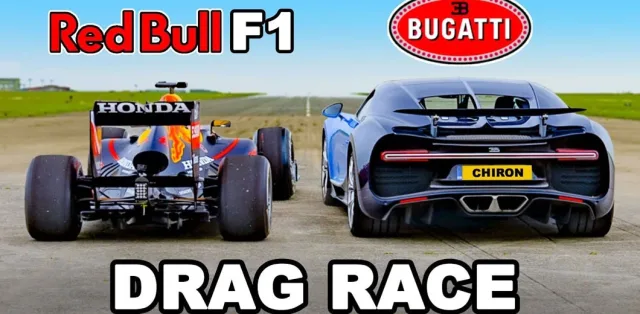 Bugatti Chiron hypercar compared to a Formula-1 car in a race (video)