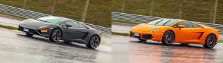 We're driving around Moscow Raceway in the Lamborghini Aventador and Gallardo coupes